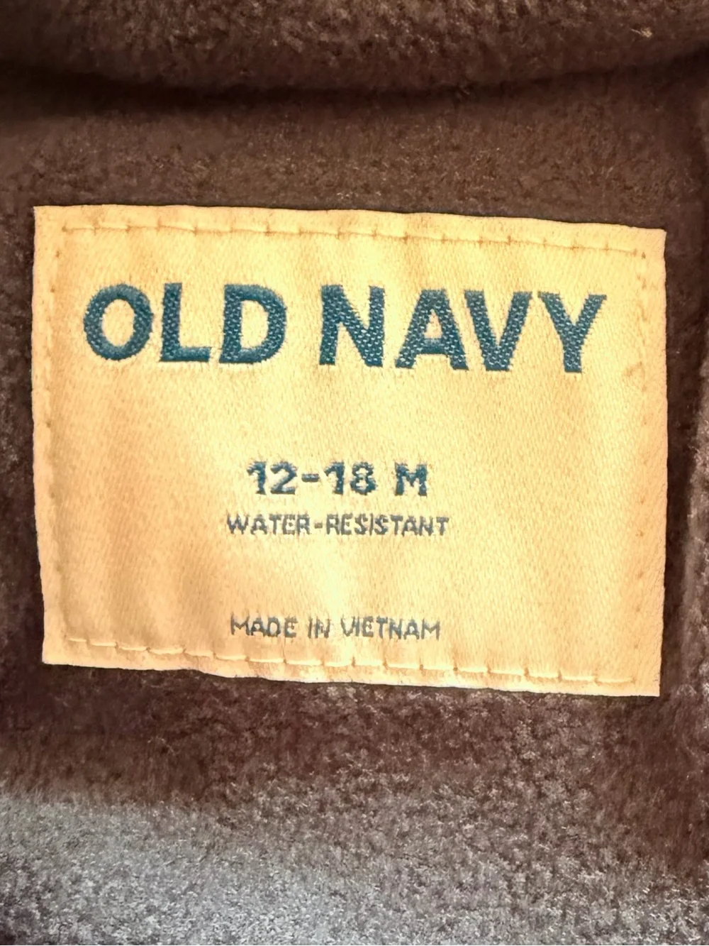 Old Navy Brown Fleece Baby Snowsuit Label